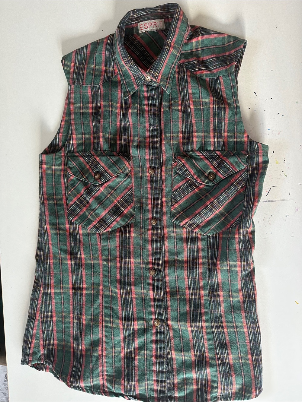 Esprit Green and Red Plaid Sleeveless Button-Up Shirt